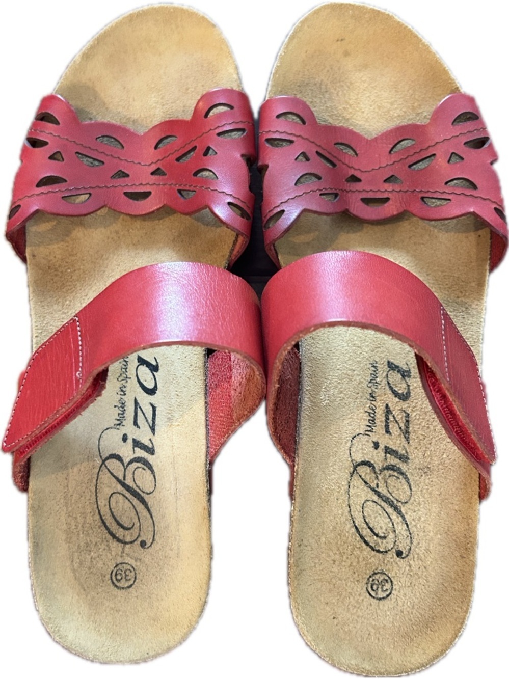 Biza Women's Red Leather Wedge Sandals with Scalloped Cut-Out Straps